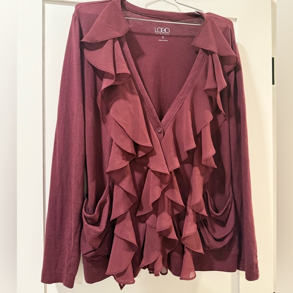 LOGO by Lori Goldstein Deep Red Ruffle Blouse - Picture 2 of 6